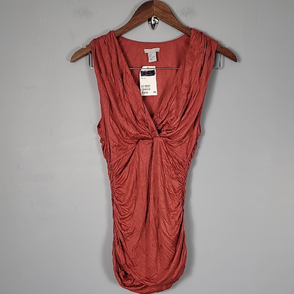 H&M Red Rust Ruched Tie/ Knot Front Blouse Sleeveless Top